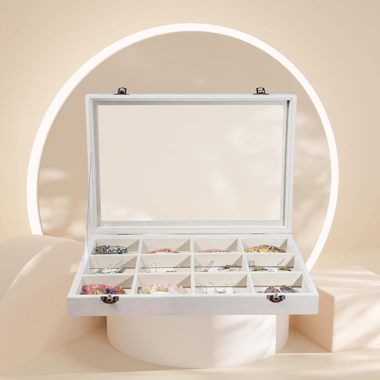 Stratalife Jewelry Organizer Bracelet Organizer Storage Box 12 Grid Stackable Jewelry Tray with Lid Velvet Jewelry Box for Drawer Necklace Bracelet Display Storage Organizer Box (Beige)
