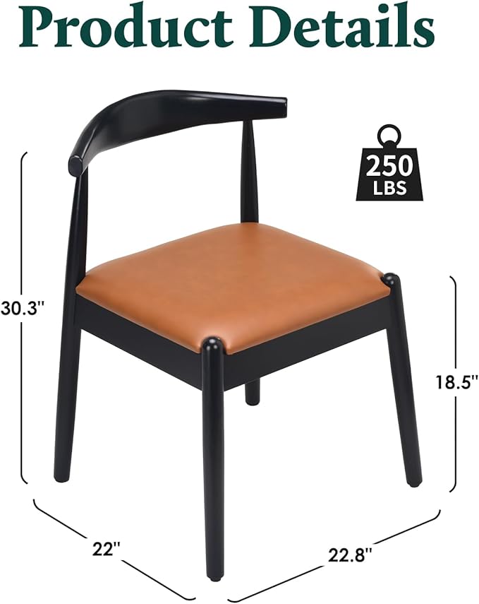 Farini Mid Century Modern Dining Chairs Set of 2, Solid Wood Frame Kitchen Chairs with PU Leather Upholstered Seat for Dining Room & Breakfast Nook,Black-Whiskey Brown