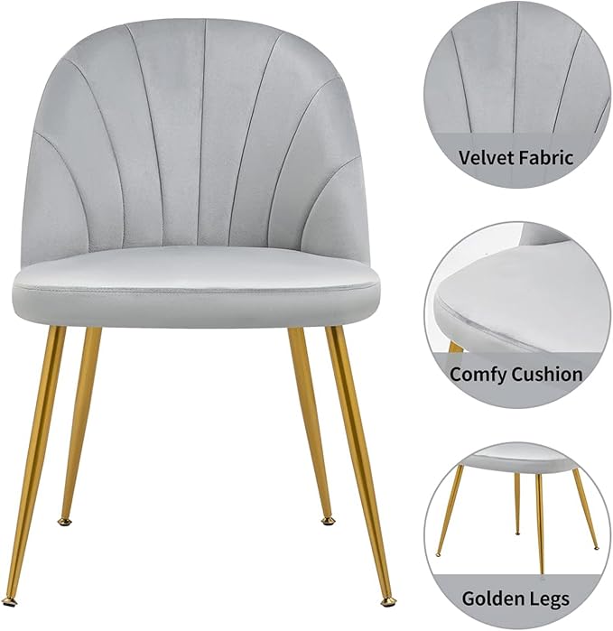 Velvet Dining Chairs Set of 2, Upholstered Mid Century Modern Dining Chairs, Armless Accent Chair with Metal Gold Legs for Living Room, Kitchen, Dining Room, Grey
