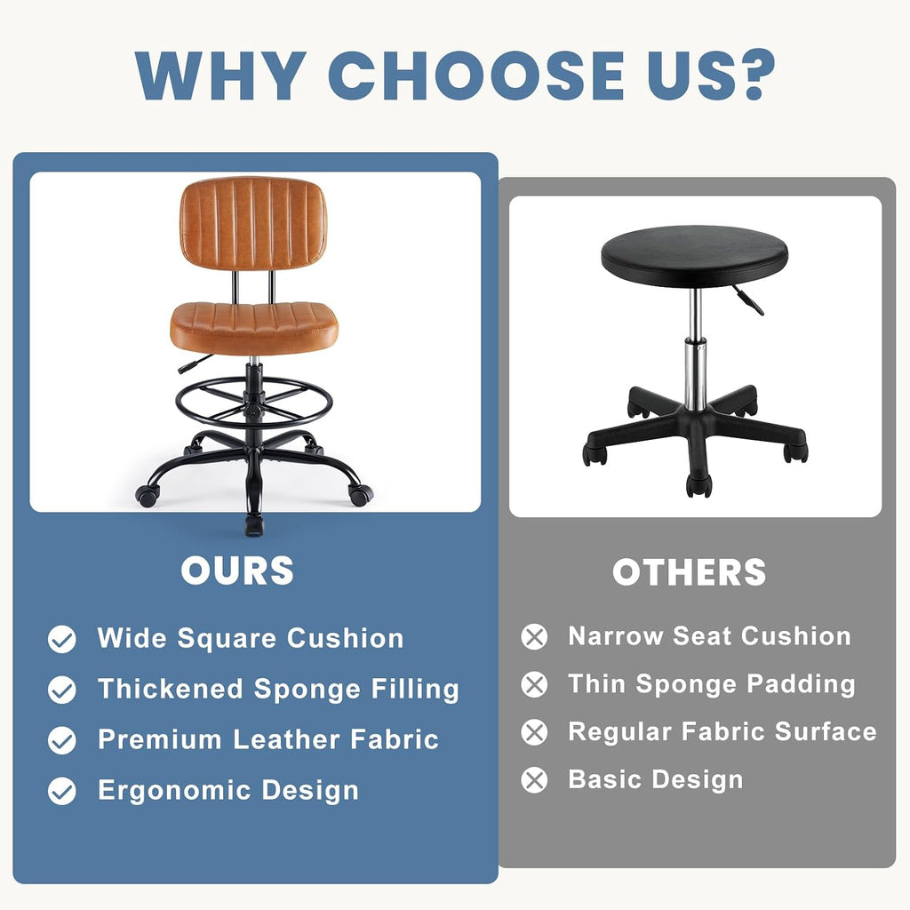 DUMOS Armless Drafting Chair, Low Back Office Seat with Adjustable Footrest Ring for Standing Desk, Ergonomic PU Leather Office Seating, Swivel Rolling High Stool for Studio, Lab, Counter, Brown