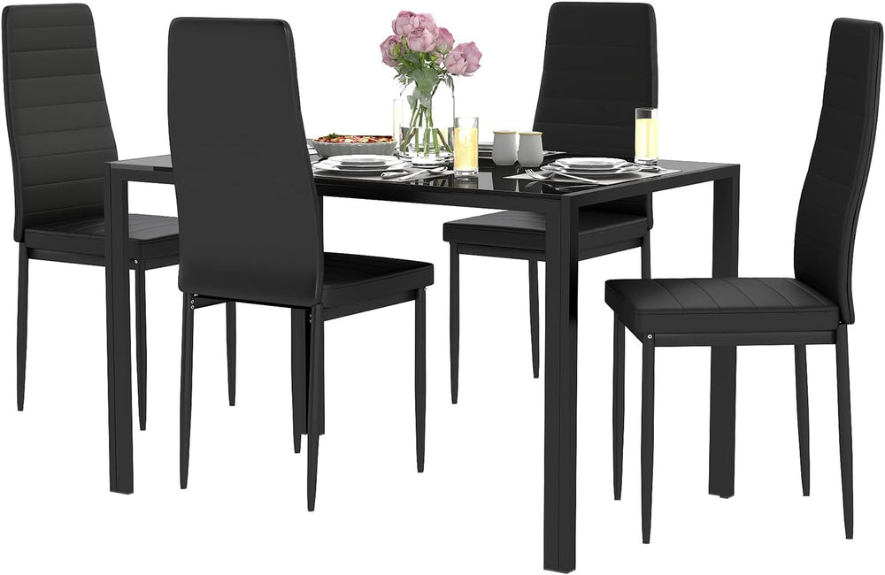 FDW | 5-Piece Dining Table Set | Black | Glass Kitchen Table
