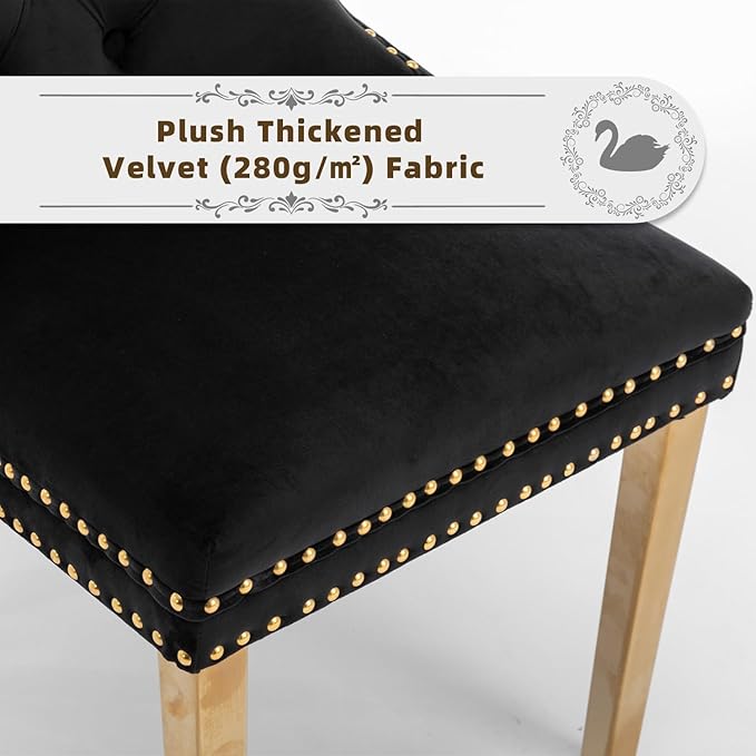 Velvet Upholstered Dining Chairs Set of 4, Modern Style Kitchen Side Chairs with Nailhead Trim and Gold Plated Leg, Metal Pulling Ring for Dining Room Living Room(Black,Set of 4)