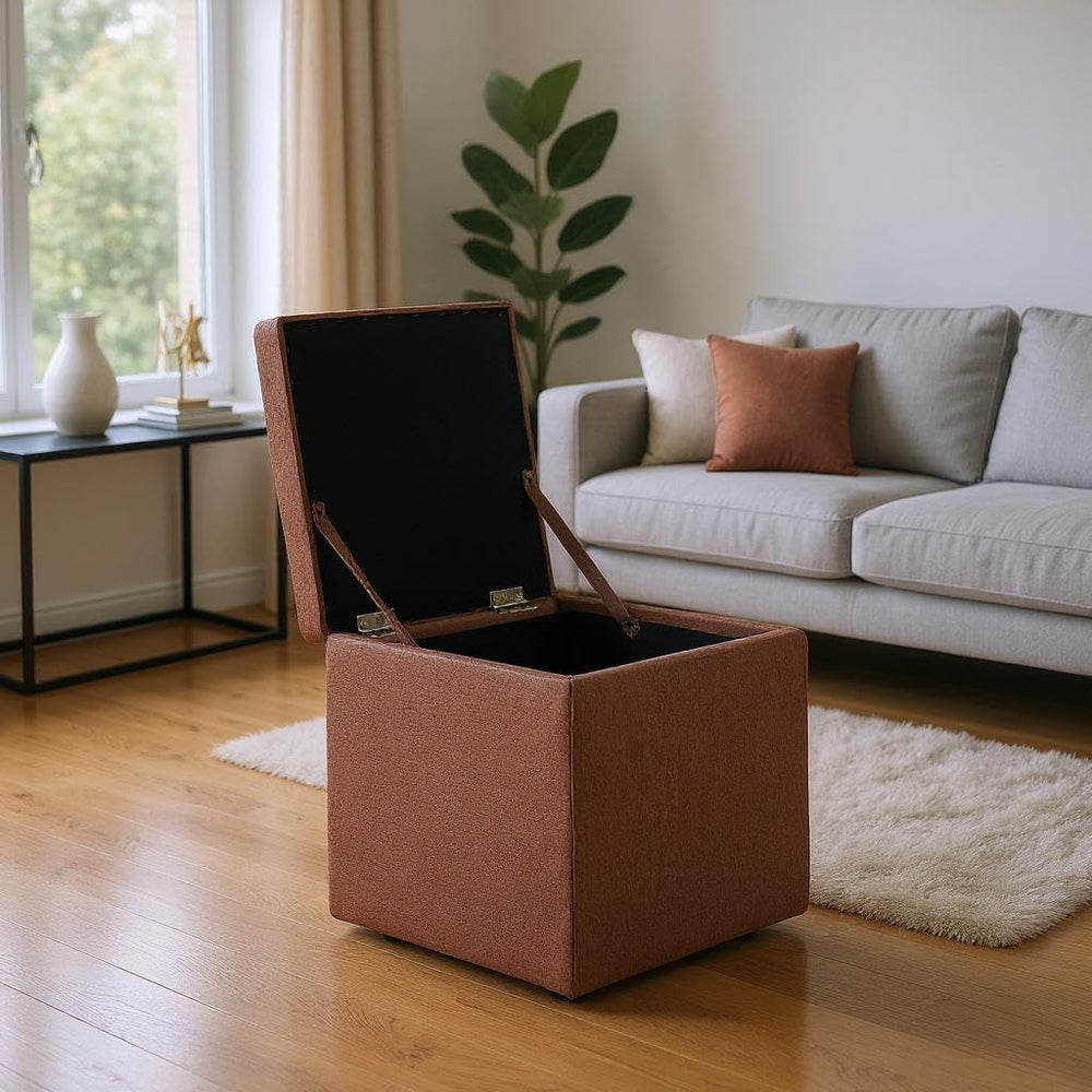 Brown Linen-Textured Ottoman with Storage, 42×42×44 cm Square Foot Rest Stool...