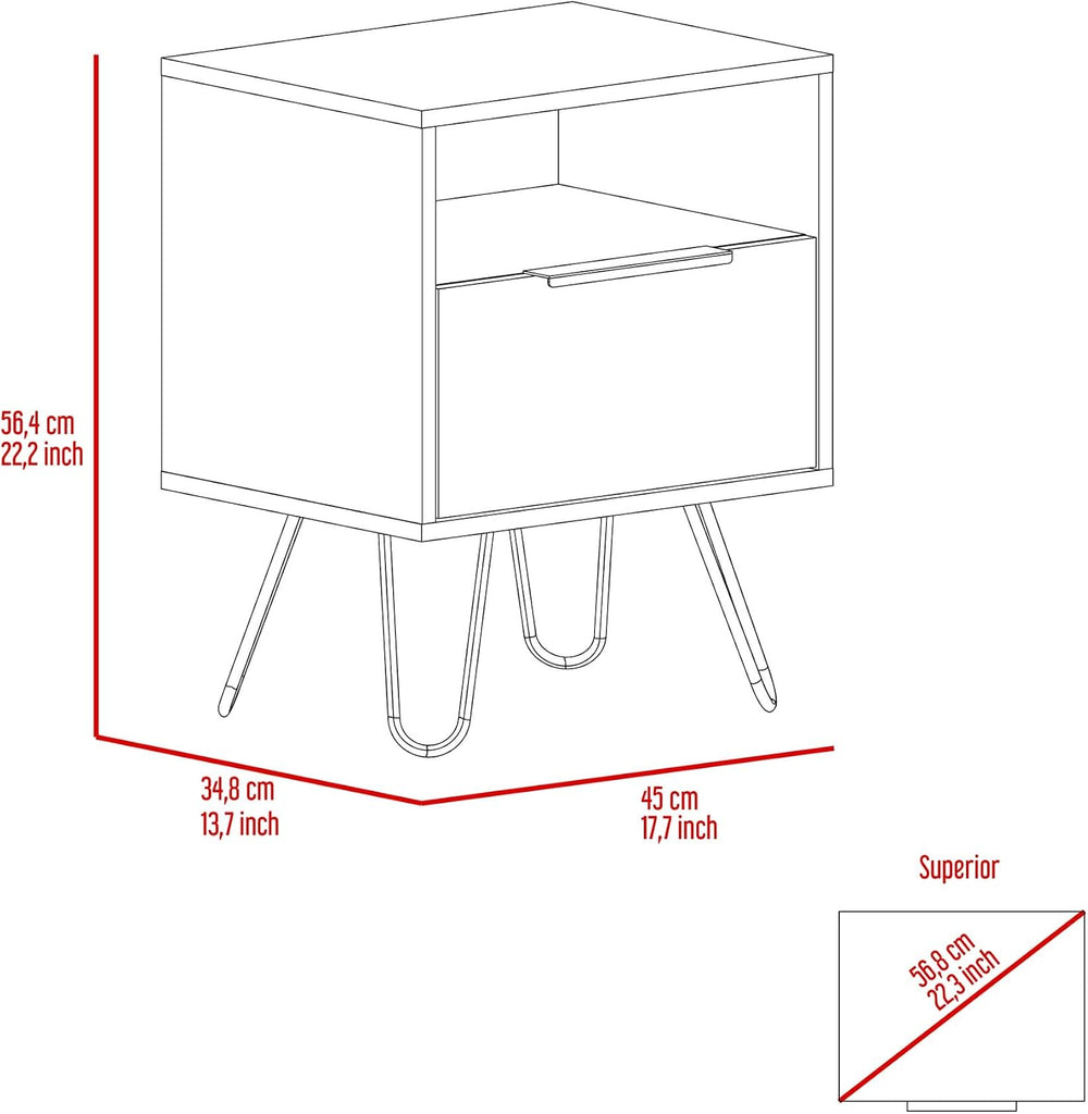 Nightstand 22" H, One Open Shelf, Single Door Cabient, Hairpin Legs, Lig...