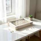 Stratalife Jewelry Organizer, Velvet Earring Storage Box, 13.78"x9.4" | 48 Grid Stackable Jewelry Tray with Clear Lid, Velvet Jewelry Box for Drawer, Necklace Trinket Display Organizer, Beige