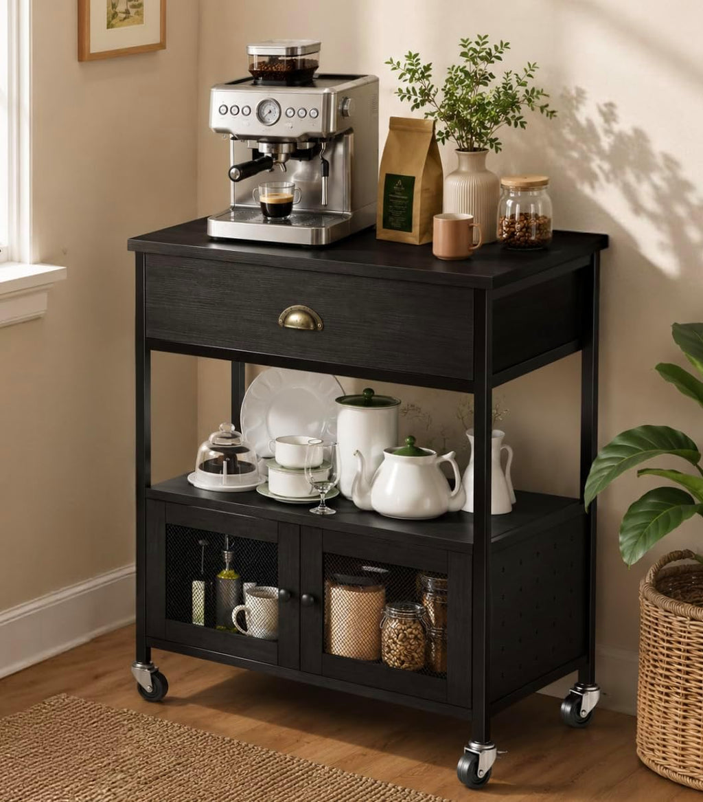 Catrimown Coffee Bar Cart Cabinet,3 Tier Coffee Station Table on Wheels,Coffee Cart with Storage for Home Kitchen, Liquor Buffet Sideboard Cabinet, Black