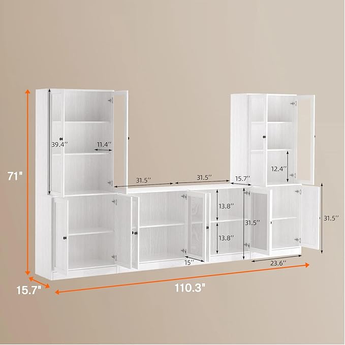 TUSY 71" TV Stand Storage Set - 2 Tall Bookcases & 2 Side Cabinets, Media Console with Glass & Wood Doors, Entertainment Center with Drawers, Tall Media Console for Living Room (White, ADDA)