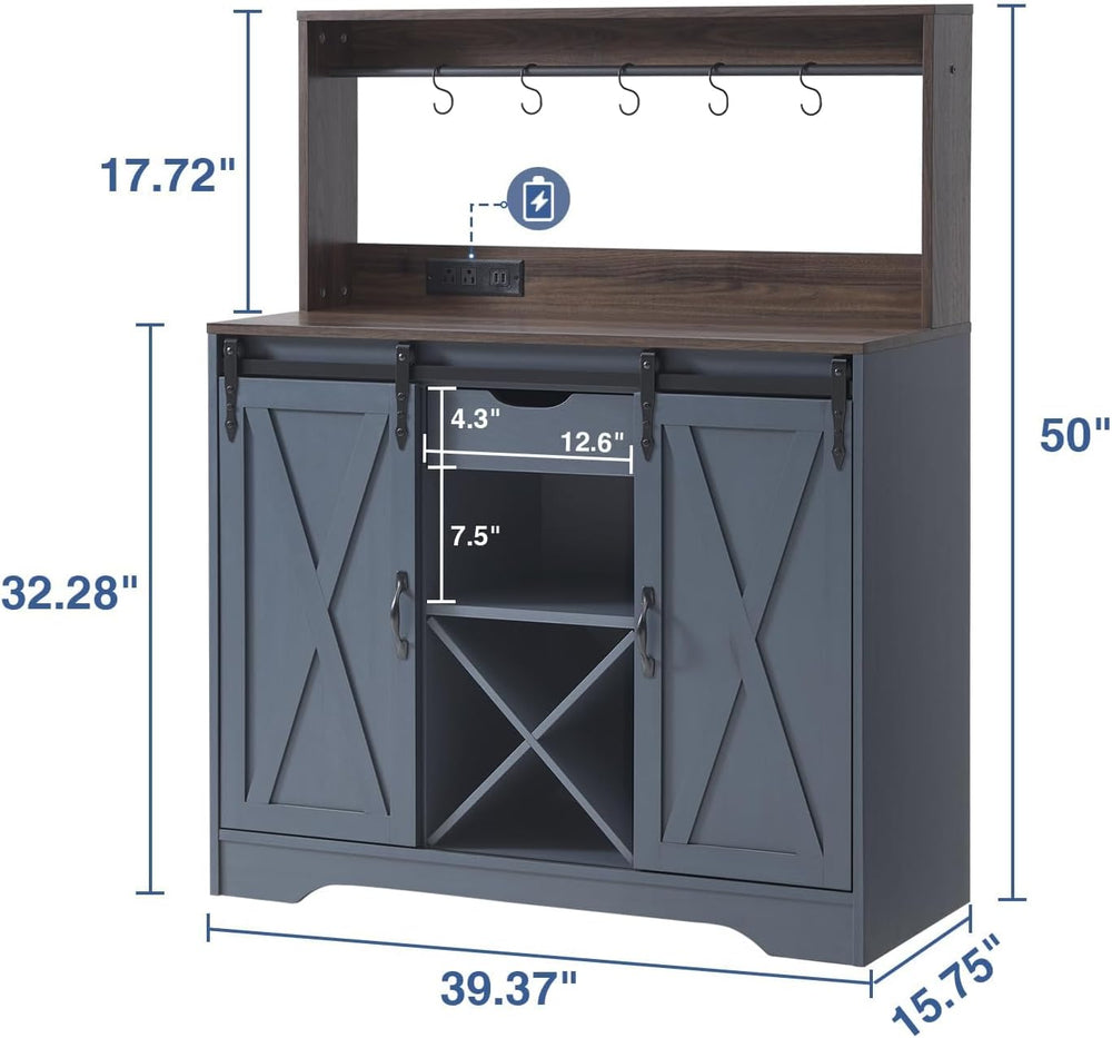 Wnutrees Farmhouse Coffee Bar Cabinet with Charging Station and USB Ports,Sli...