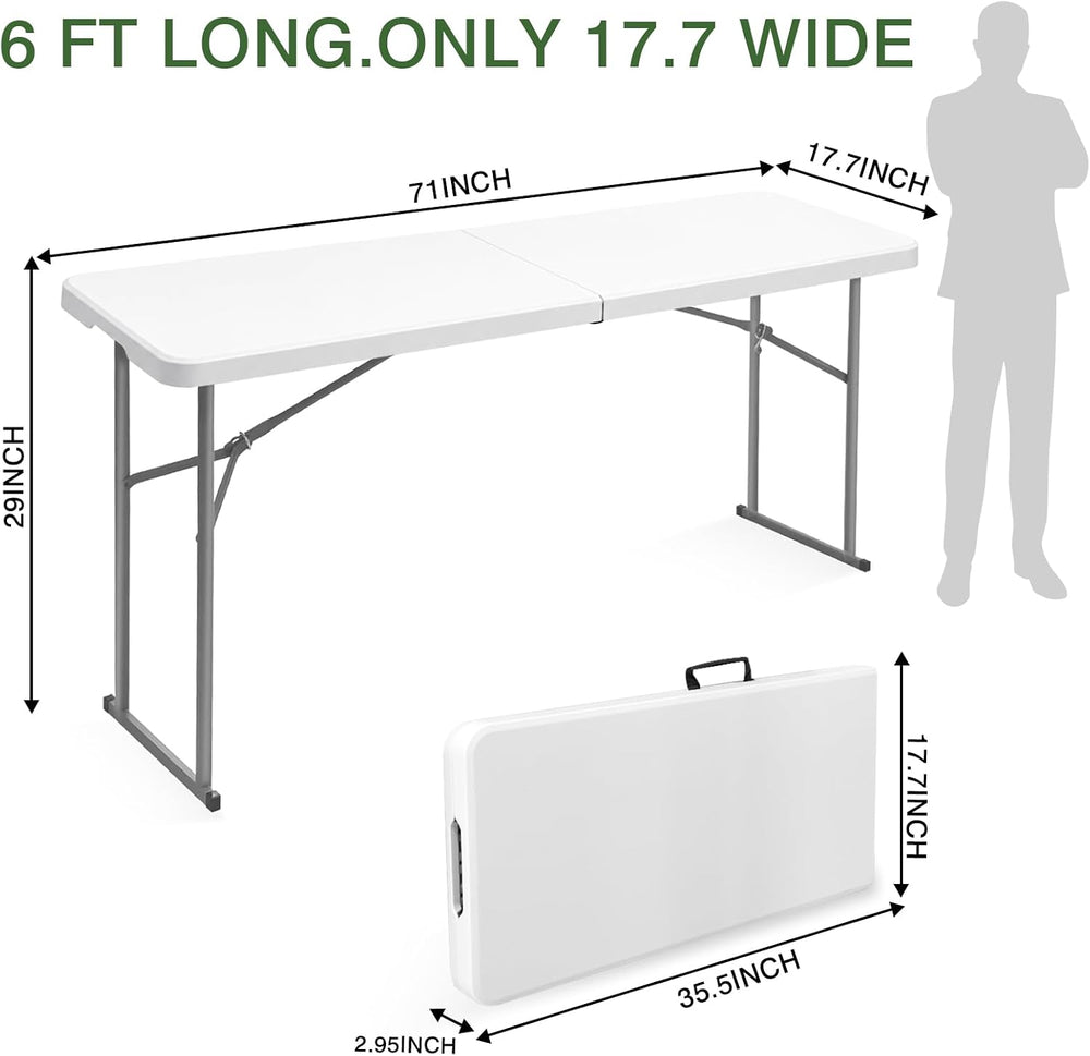 6FT Narrow Folding Table, Fold in Half, Portable, White