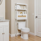 Over The Toilet Storage Cabinet, 3-Tier Bathroom Organizer with Rattan Door, Wooden Space Saver for Restroom, Bathroom, Laundry