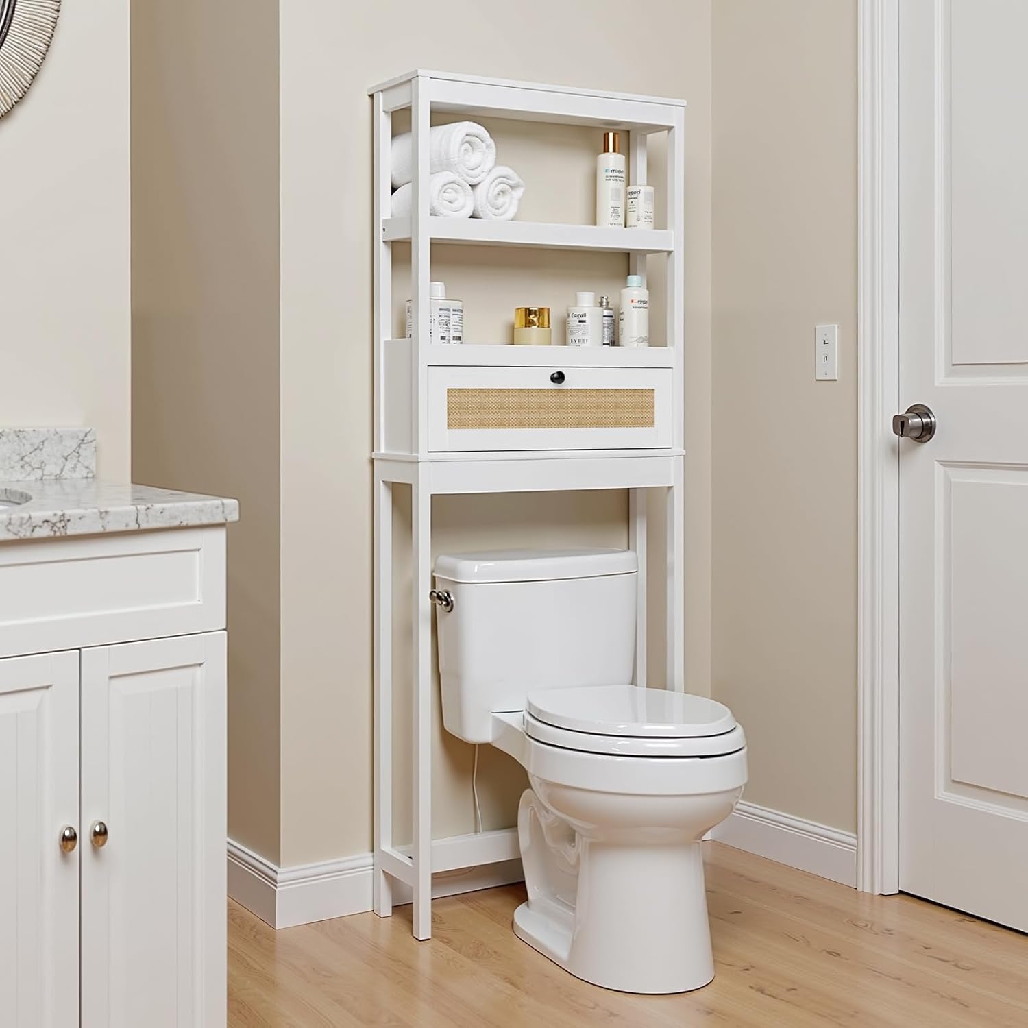 Over The Toilet Storage Cabinet, 3-Tier Bathroom Organizer with Rattan Door, Wooden Space Saver for Restroom, Bathroom, Laundry