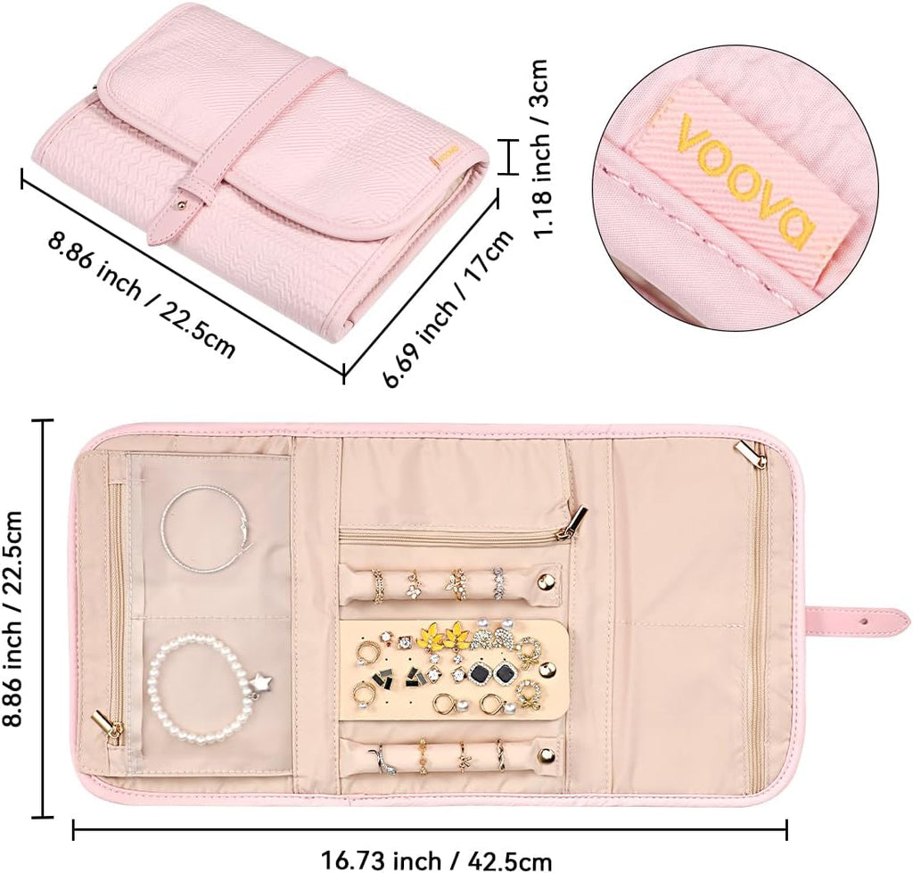 Voova Travel Jewelry Holder Organizer Case, Large Jewelry Storage Bag for Women Girls, Foldable Traveling Jewellery Pouch Roll for Necklaces Rings Earrings Bracelets, Light Pink