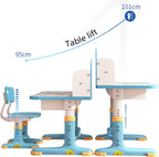 Kids Desk and Chair Set, Height Adjustable Children Study Desk, Golden Distance Preventing Myopia Design, Children Study Desk with Spacious Storage Drawer for Boys Girls School Home Study Tool (Blue)