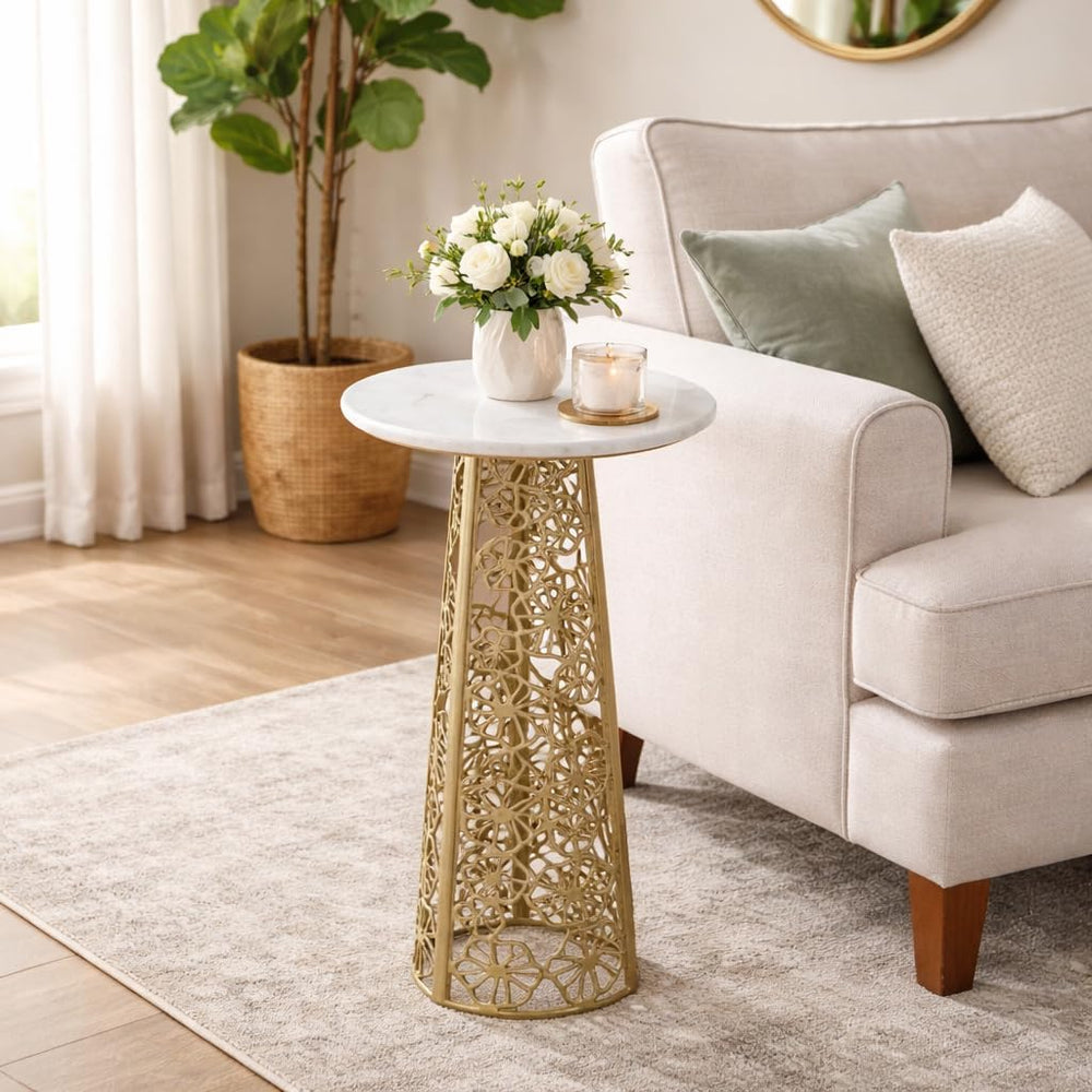 Gold Side Table with White Marble Top | Decorative Modern End Table | Aluminu...