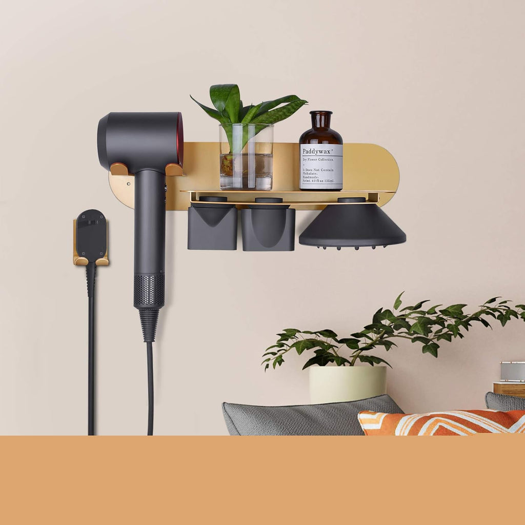 FLE Hair Dryer Holder Wall Mounted with Shelf - Hair Dryer Holder Rack Organizer Compatible for Dyson Supersonic Hair Dryer,Gold