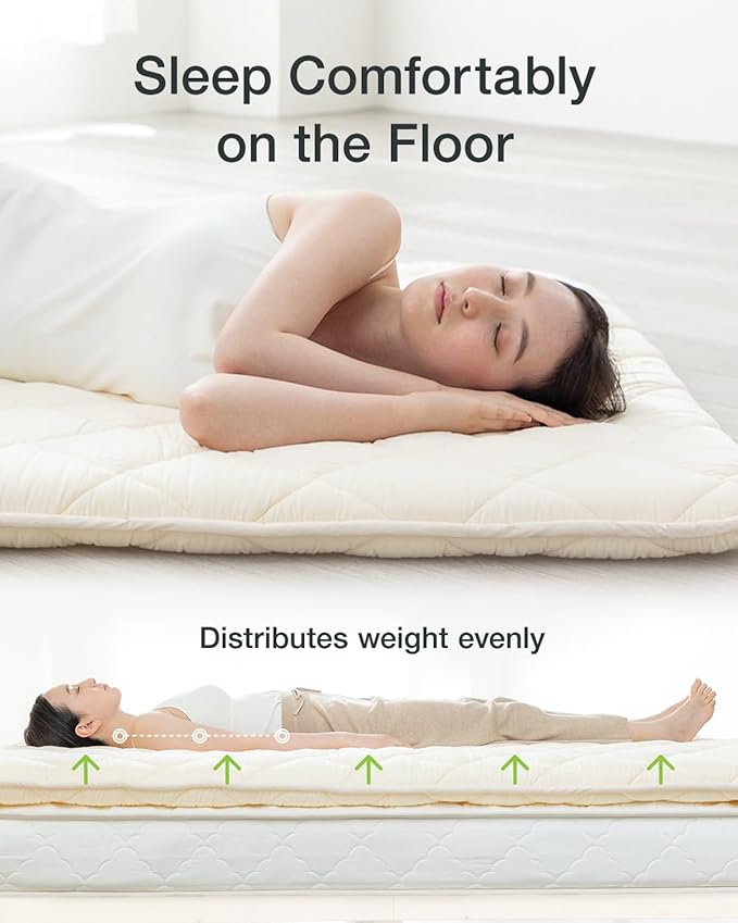 FULI Japanese Futon, Foldable & Portable Floor Lounger Bed, Roll Up Sleeping Pad, Shikibuton, Made in Japan (White, Queen)
