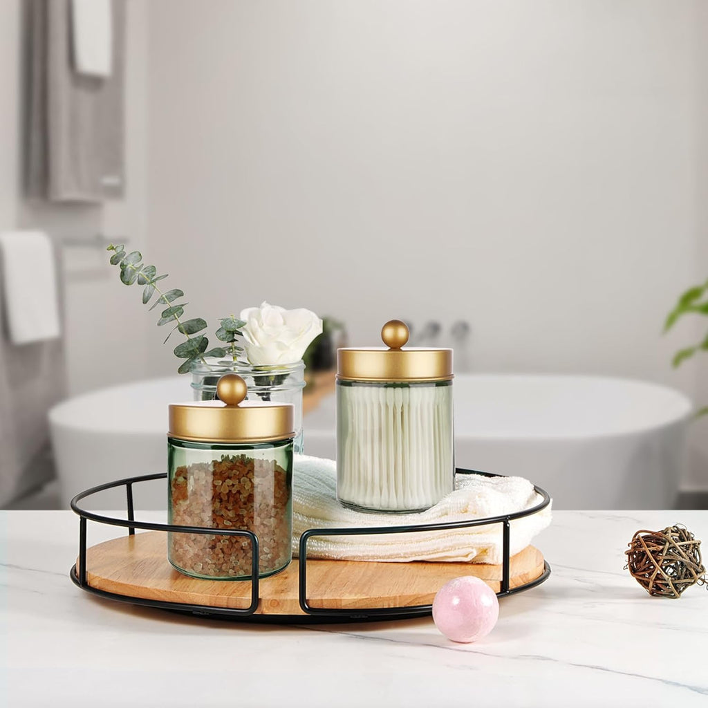 Amolliar Sage Green Apothecary Glass Jar With Metal Lid & Stickers, Bathroom Qtip Holder Storage Canister, Farmhouse Decor for Cotton Balls, Cotton Swabs, Round Pads, Bath Salt, Floss,Gold 4 Pack