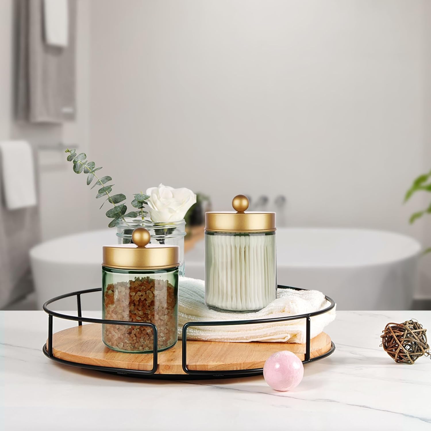 Amolliar Sage Green Apothecary Glass Jar With Metal Lid & Stickers, Bathroom Qtip Holder Storage Canister, Farmhouse Decor for Cotton Balls, Cotton Swabs, Round Pads, Bath Salt, Floss,Gold 4 Pack
