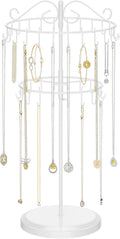 iDavosic.ly 2 Tier Rotating Necklace Holder Organizer with 42 Hooks, Adjustable Metal Bracelet Display Stand Rack, Extra Tall Keychain Spinning Tree Tower for Women, White