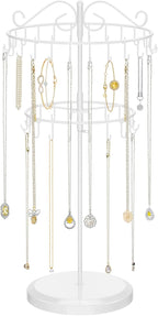 iDavosic.ly 2 Tier Rotating Necklace Holder Organizer with 42 Hooks, Adjustable Metal Bracelet Display Stand Rack, Extra Tall Keychain Spinning Tree Tower for Women, White