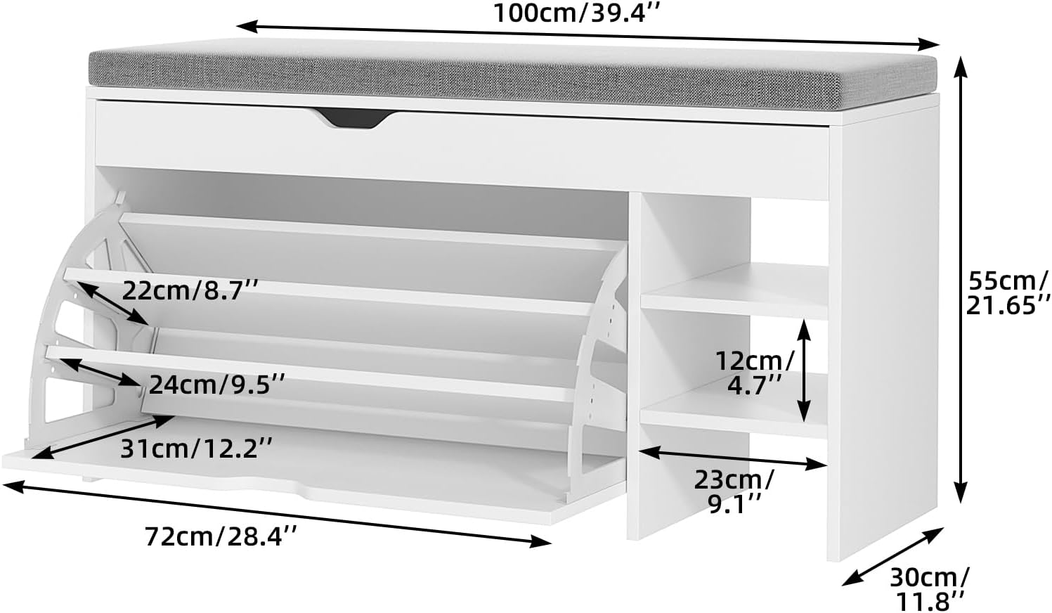 VOWNER Shoe Storage Bench with 3-Tier Flip Drawer & Padded Cushion, Shoe Rack Bench with Flip-Open Storage Box, Shoe Storage Organizer for Entryway, Hallway, Living Room, White | Narrow shoe tipper with seat cushion and adjustable compartments for hallway