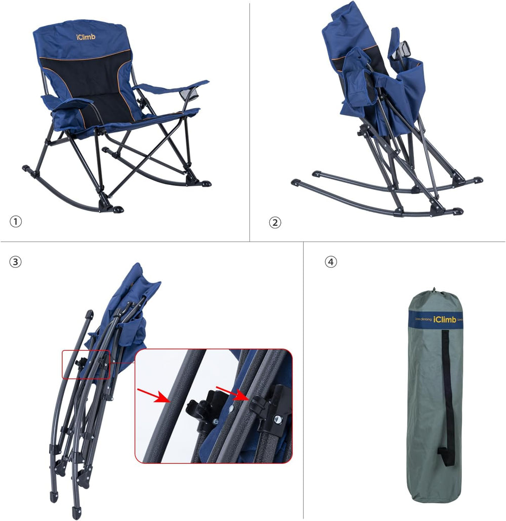 iClimb Padded Folding Rocking Chair Heavy Duty Camping Patio Porch Backyard L...
