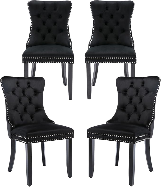 Black Dining Chairs Set of 4, Velvet Upholstered Dining Room Chairs with Back Ring Pull, Nailhead Trim and Solid Wood Legs, Modern Dining Chairs for Dining Room, Kitchen(Black)