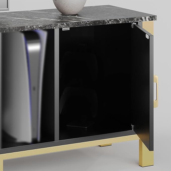 Bestier TV Stand for 75/80/85/90 Inch TVs, LED Gaming Entertainment Center, Modern TV Cabinet with Glass Shelves for Living Room, 2 Storage Drawers & Cabinets for Bedroom, Black Glossy