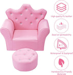 Costzon Kids Sofa, Children Upholstered Sofa with Ottoman, Princess Sofa with Diamond Decoration, Ottoman, Smooth PVC Leather Toddler Chair, Kids Pink Couch for Preschool Boys and Girls Gift (Pink)