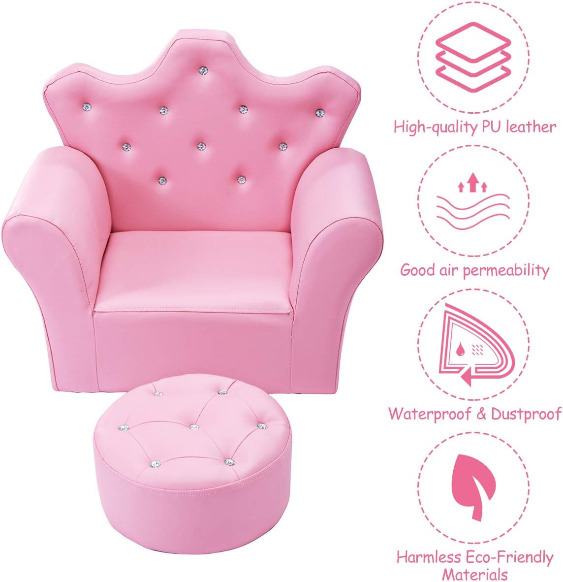 Costzon Kids Sofa, Children Upholstered Sofa with Ottoman, Princess Sofa with Diamond Decoration, Ottoman, Smooth PVC Leather Toddler Chair, Kids Pink Couch for Preschool Boys and Girls Gift (Pink)