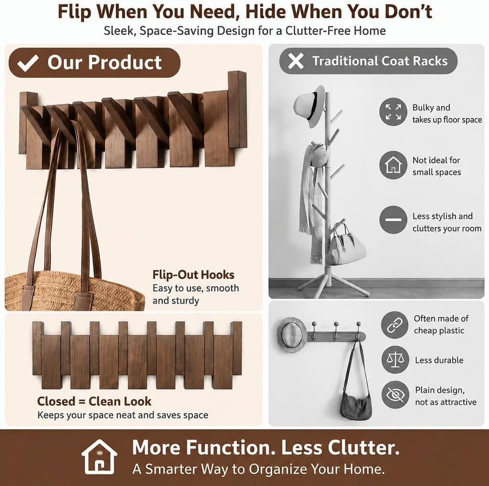 Walnut Wood Piano Coat Rack Wall Mount, Solid Wood Flip Down Wall Hook Rack 6...