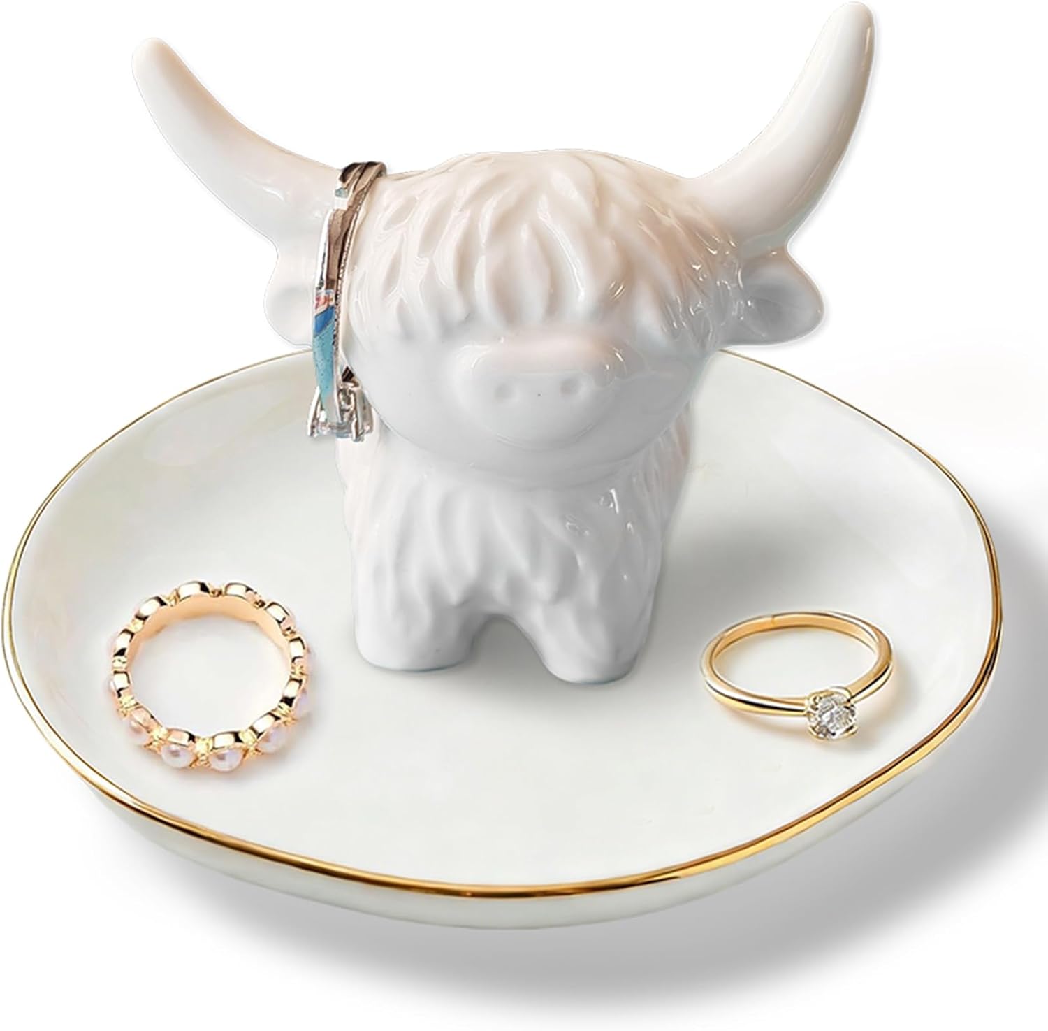 Ceramic Highland Cow Ring Holder Jewelry Tray for Small Trinkets | Farmhouse Highland Cow Décor for Bathroom Vanity Dresser, Bridal Shower Gifts,Engagement & Birthday Gift for Her