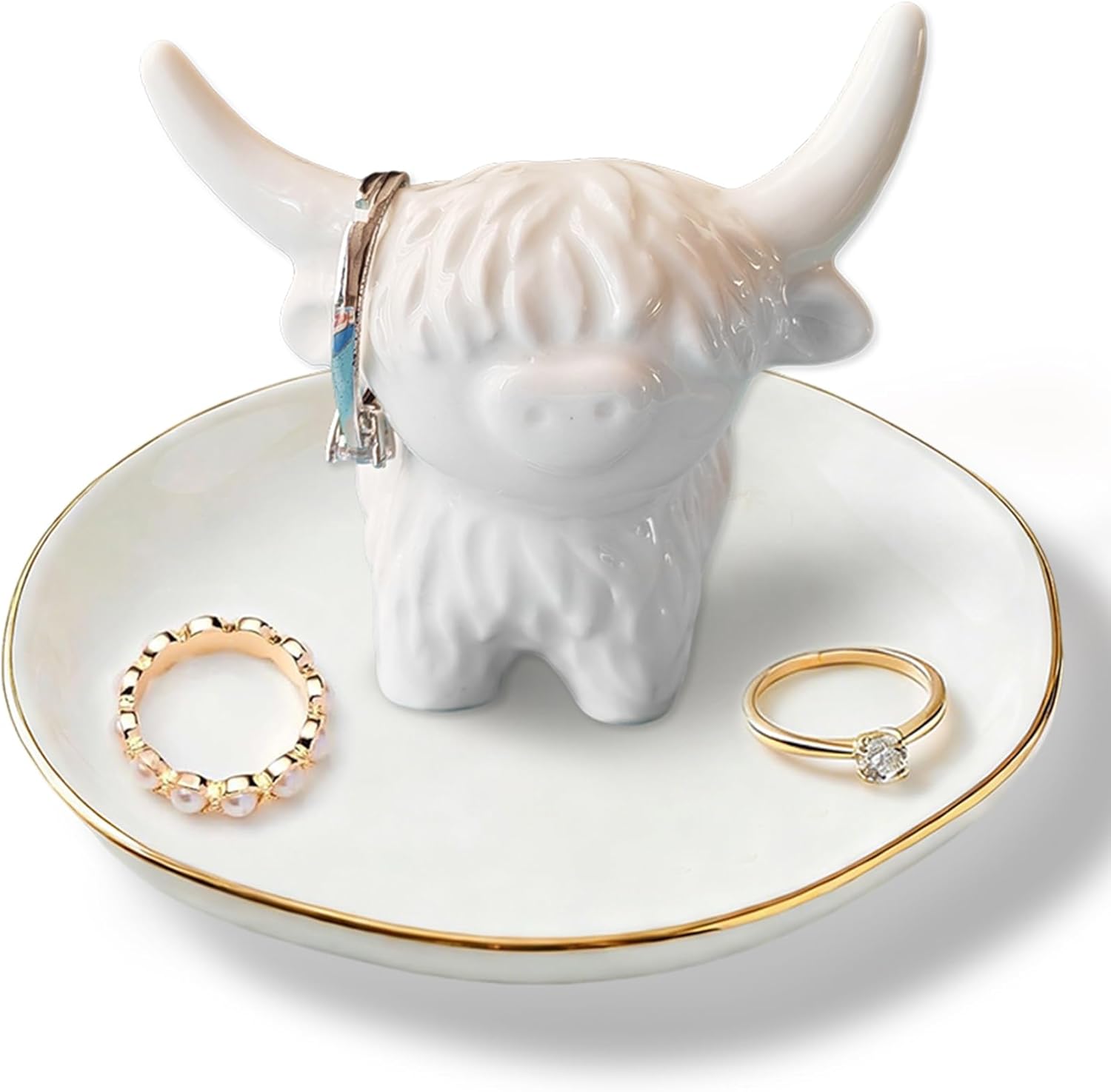 Ceramic Highland Cow Ring Holder Jewelry Tray for Small Trinkets | Farmhouse Highland Cow Décor for Bathroom Vanity Dresser, Bridal Shower Gifts,Engagement & Birthday Gift for Her