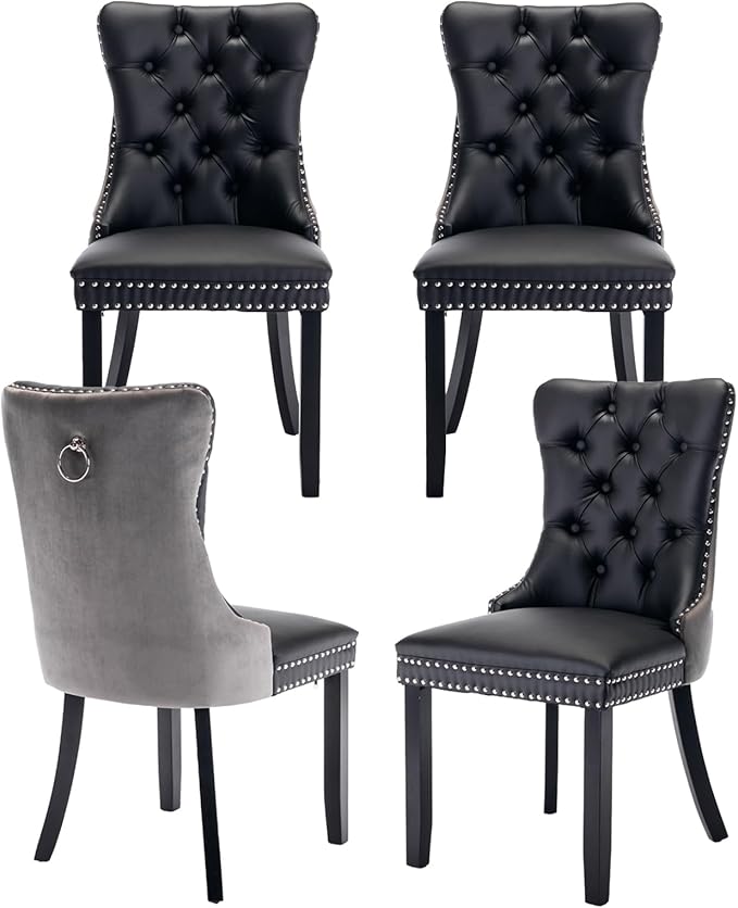 Dining Room Chairs Set of 4, Upholstered Tufted Dining Chairs with High Back, Nailhead Trim and Solid Wood Legs, Modern Dining Chairs for Dining Room, Black Pu Leather Splicing Grey Velvet