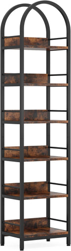 LITTLE TREE Bookshelf Set 2, Skinny 78.7 Inches Tall Arched Bookshelf, 6 Tiers Brown Open Bookcase with Black Metal Frame, Freestanding Corner Display Shelves Rack for Living Room, Home Office