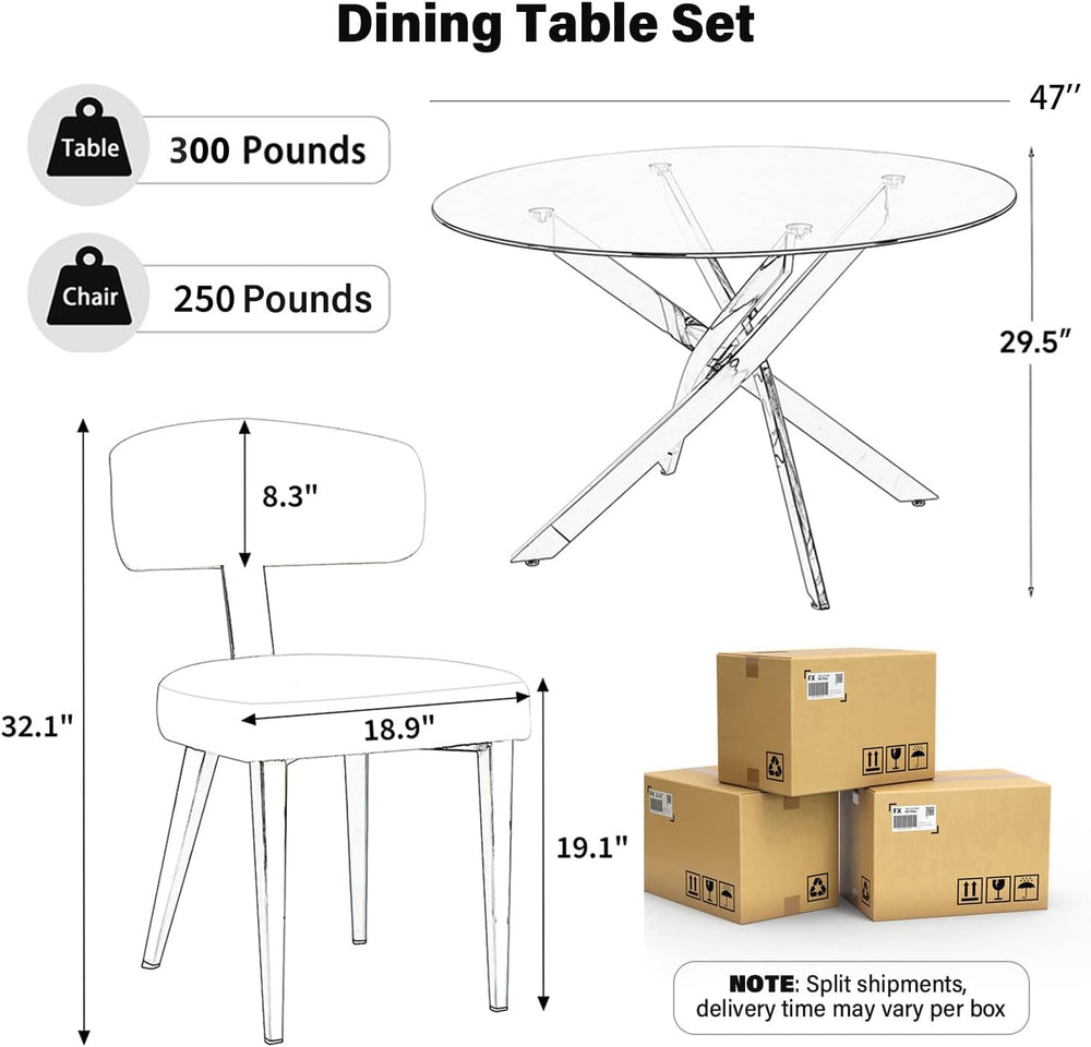 Dining Table Set for 4, 47" Round Kitchen Table with 4 Leather Dining Ch...