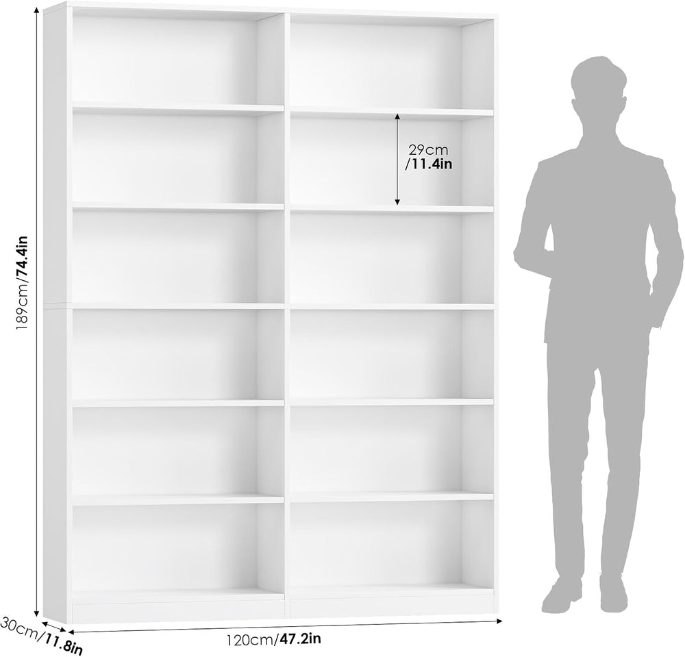 FACBOTALL Bookshelf Tall Bookcase, 6-Tier Double Wide Bookshelves, White