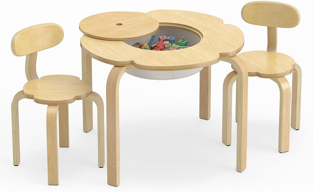Olakids Kids Table and Chair Set, Wooden Toddler Activity Desk with Center Storage Basket, Ideal 3-Piece Children Furniture for Art Crafts Playing Eating Drawing Reading
