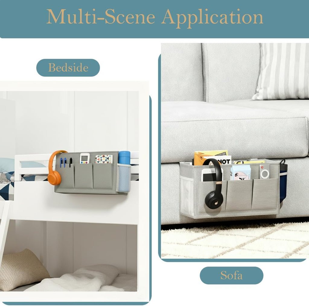 Dual-Purpose Bedside Caddy Organizer Hanging Storage Bag Dorm Storage for Home, Dorm, Bunk, Hospital Beds, Bed Caddy Holder with 6 Pockets for Magazines, Books, Phones, Remotes, Bottles