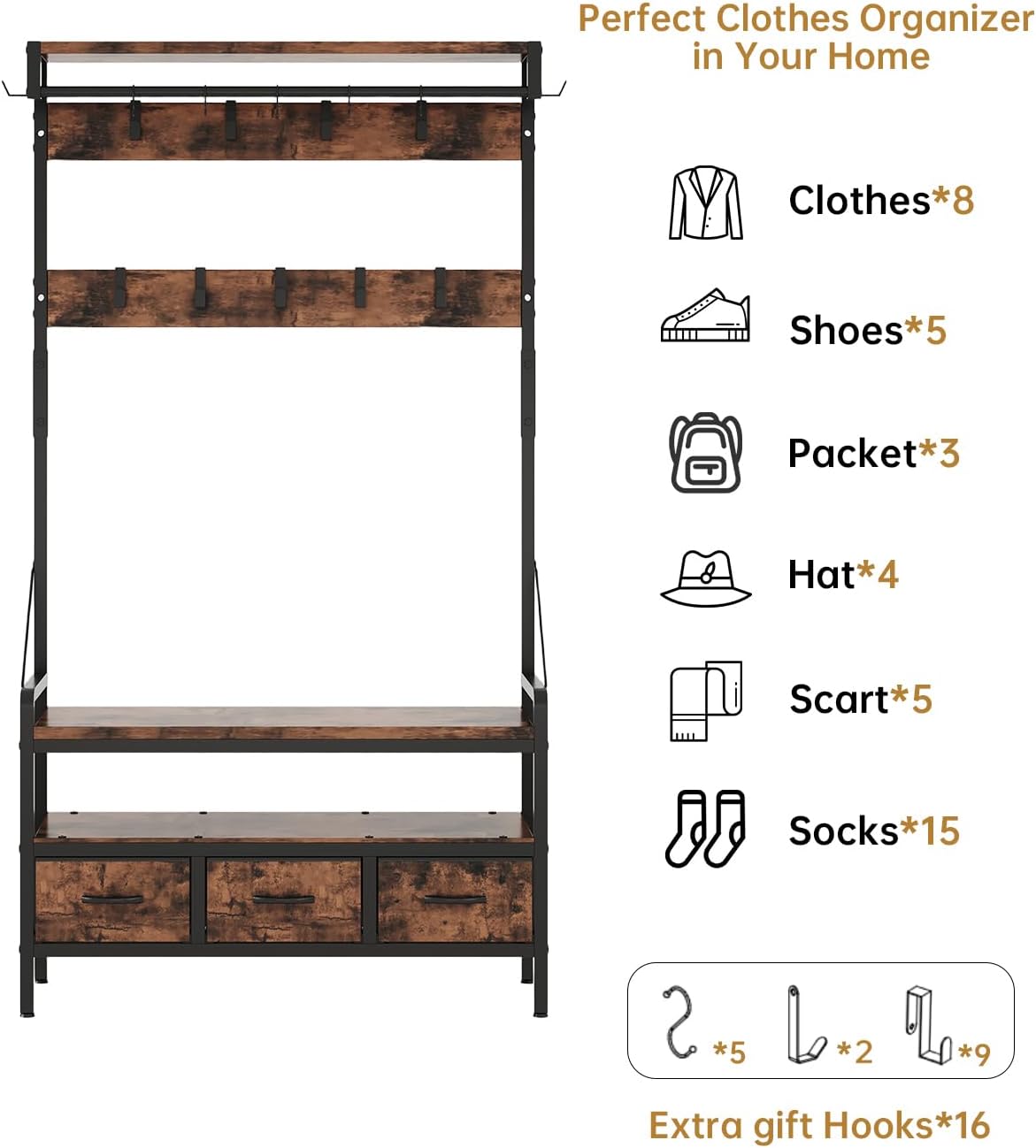 Hall Tree with Bench and Shoe Storage, Freestanding Entryway Coat Rack with 3 Fabric Drawers, 16 Hooks