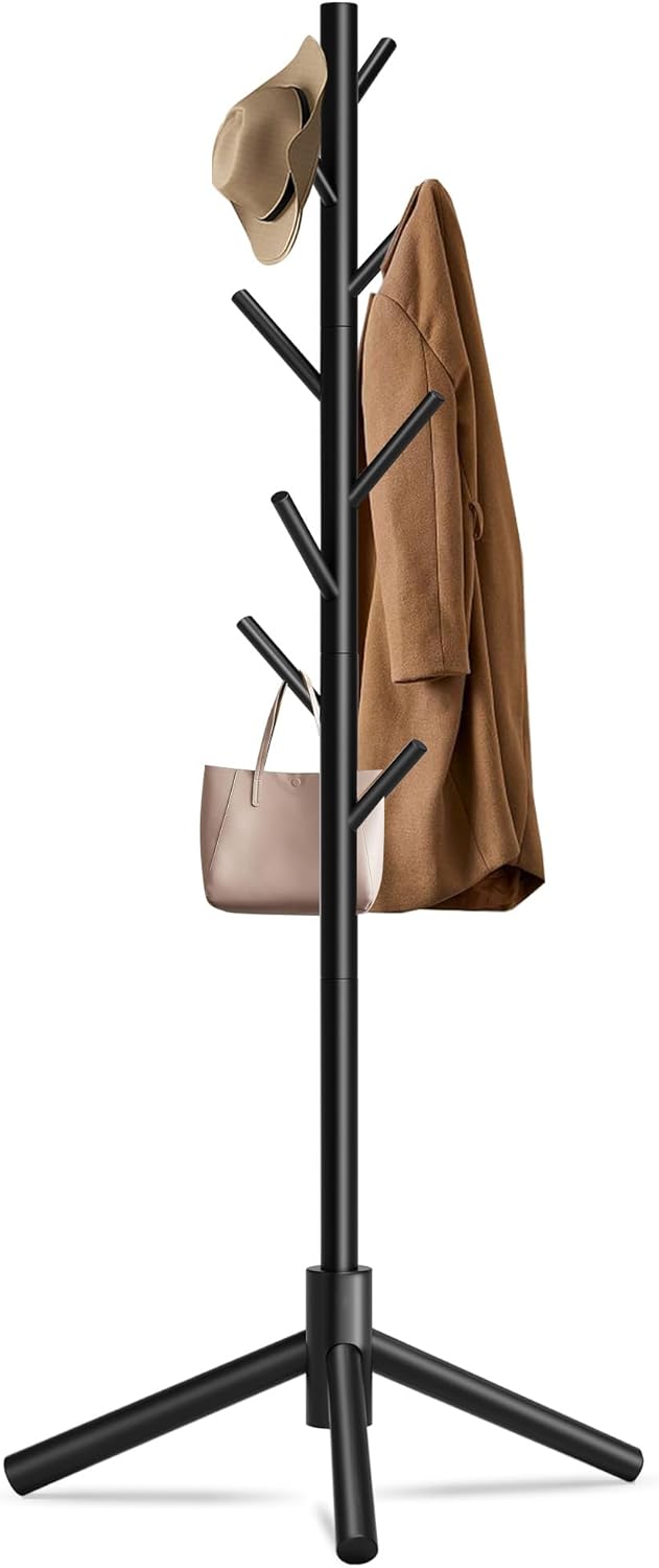 Unisakey Durable Wooden Coat Rack, Freestanding Coat Rack with Stable Triangular Base, 8 Hooks & 3 Adjustable Heights, Simple Assembly for Bedroom, Hallway, Office(New Black)
