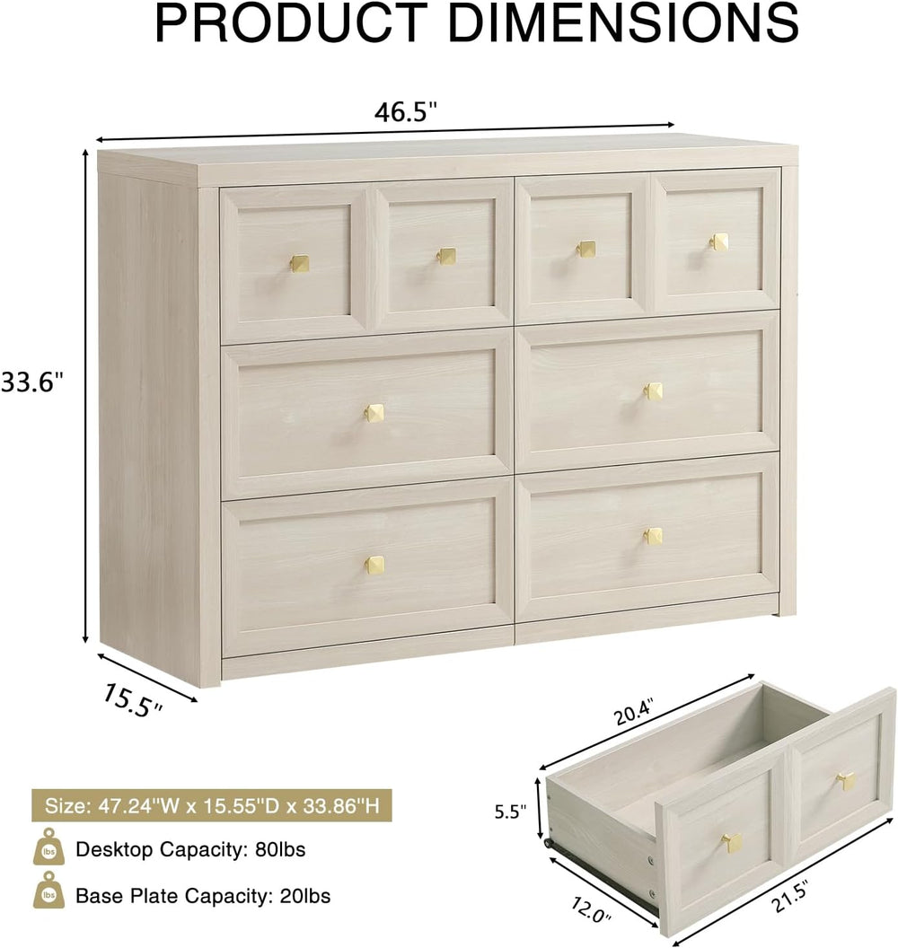 6 Drawers Dresser for Bedroom-46.5" Wide Wooden Chest of Drawers with La...