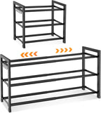 LANTEFUL 3-Tier Expandable Shoe Rack for Closet, Adjustable 18"-33" Metal Shoe Organizer for 12 Pairs, Shoe Shelf for Small Spaces, Entryway, Bedroom with 5 Hooks