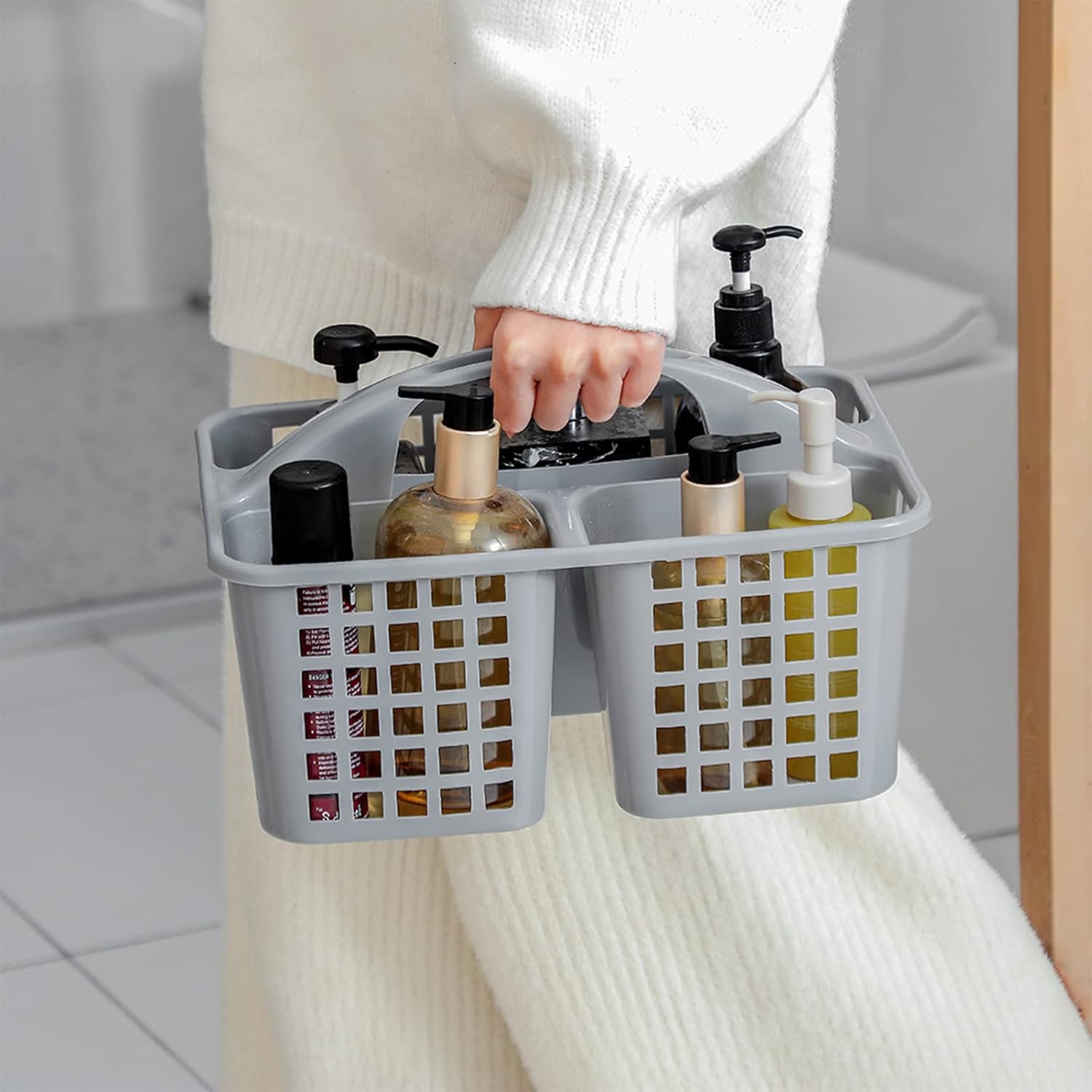 JiatuA Portable Shower Caddy Basket with Compartments Cleaning Supplies Organizer with Handle Plastic Storage Divided Tool Bin for Bathroom, Bedroom, Kitchen, College Dorm, Garden, Under Sink, Grey