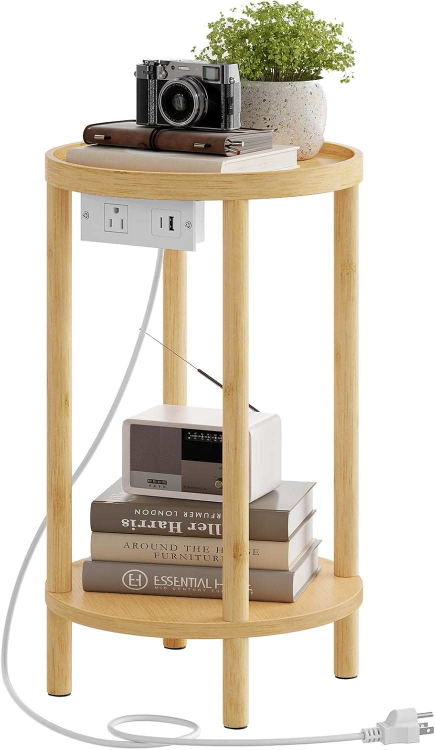 HOOBRO Small Round Side Table with Charging Station, 2-Tier Round Bamboo End ...
