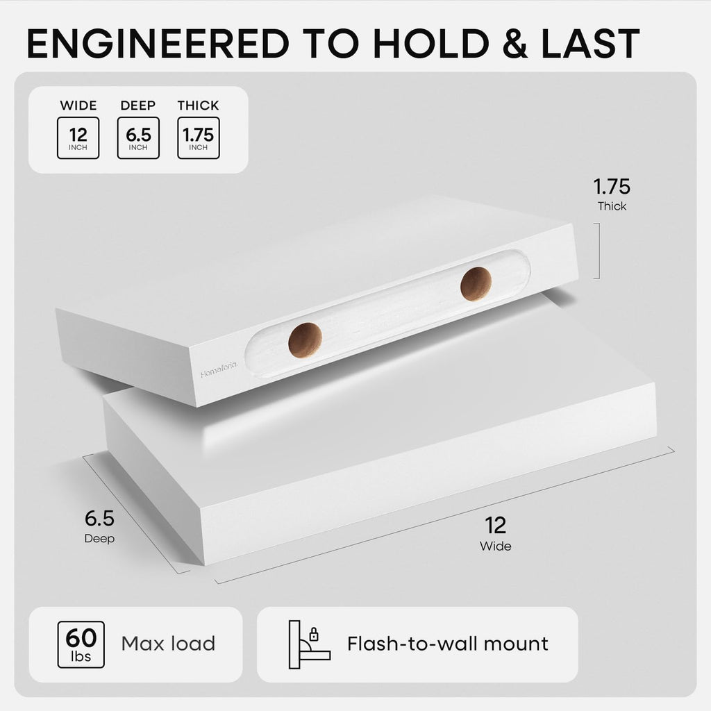 Homeforia White Floating Shelf 12 inch, High End Solid Real Wood Small 12inch Floating Shelves for Wall Mounted, White Wooden 12 in Floating Shelves, Heavy Duty Bracket, 12 X 6.5 X 1.75 inch, Set of 2