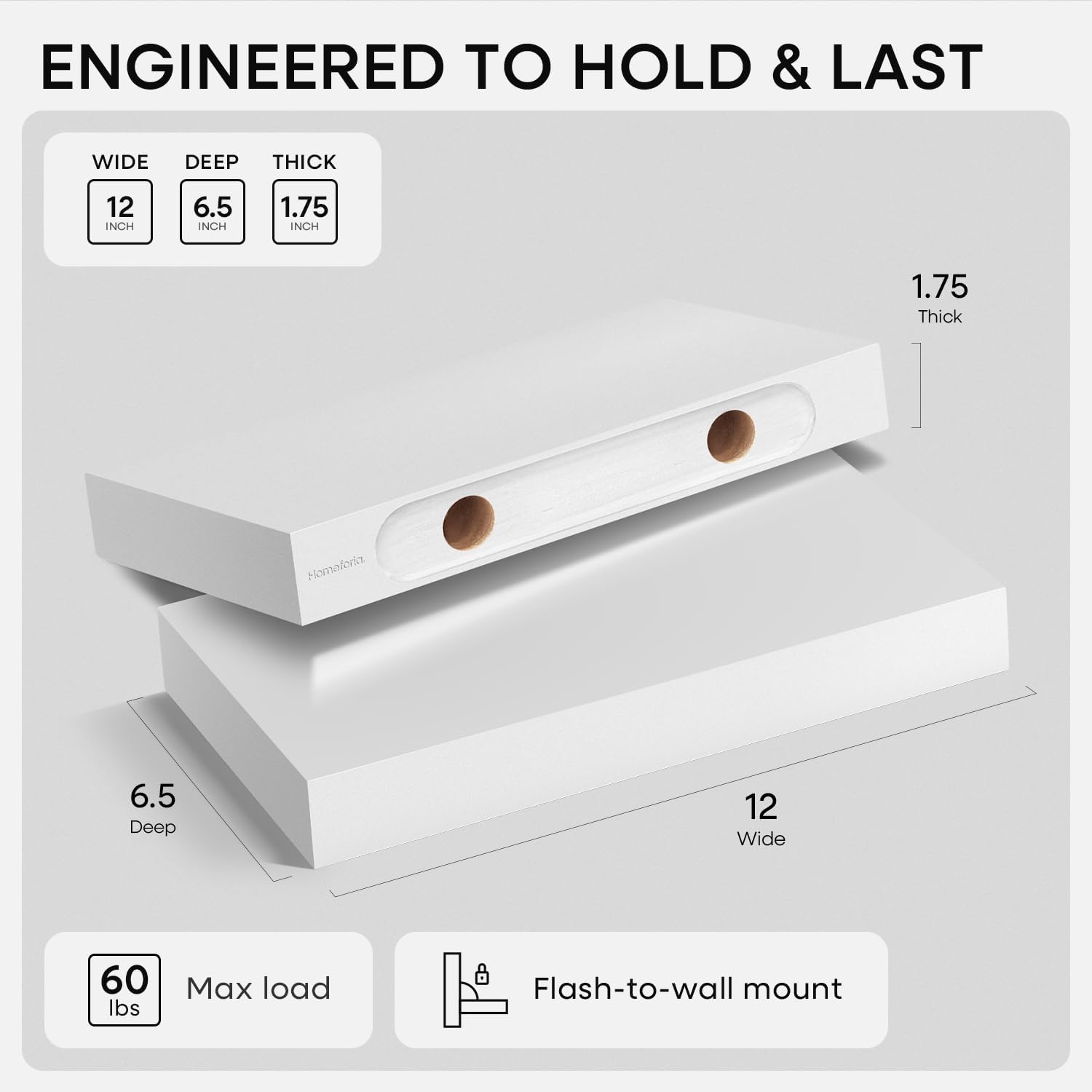 Homeforia White Floating Shelf 12 inch, High End Solid Real Wood Small 12inch Floating Shelves for Wall Mounted, White Wooden 12 in Floating Shelves, Heavy Duty Bracket, 12 X 6.5 X 1.75 inch, Set of 2