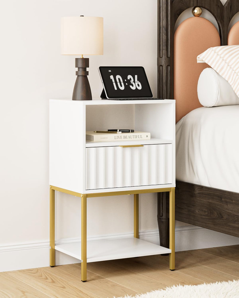 Nightstand,Modern Bedside Table with One Drawer and Two Shelf，White Night Sta...