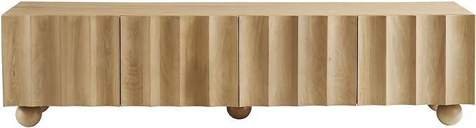 Modway Sorren 71 Inch Scalloped TV Stand in Natural – 4 Door Media Console Cabinet – Modern Storage TV Stand with Doors