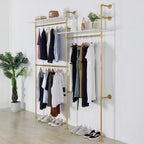 Industrial Pipe Clothing Rack Wall Mounted, Heavy Duty Hanging Clothes Rack Clothing Store Display Stands Garment Rack Closet System, 2 Tier Wood Garment Rack (Gold, 96.5x80.7inch)